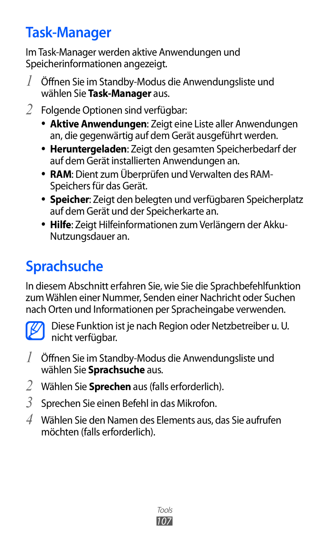 Samsung GT-S5690TAADBT, GT-S5690TAAVIA, GT-S5690KOADBT Task-Manager, Sprachsuche, Folgende Optionen sind verfügbar, 107 