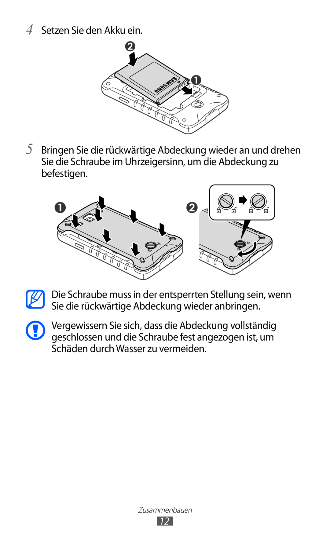 Samsung GT-S5690KOADTM, GT-S5690TAAVIA, GT-S5690KOADBT, GT-S5690TAADTM, GT-S5690TAADBT, GT-S5690TAATMN manual Zusammenbauen 