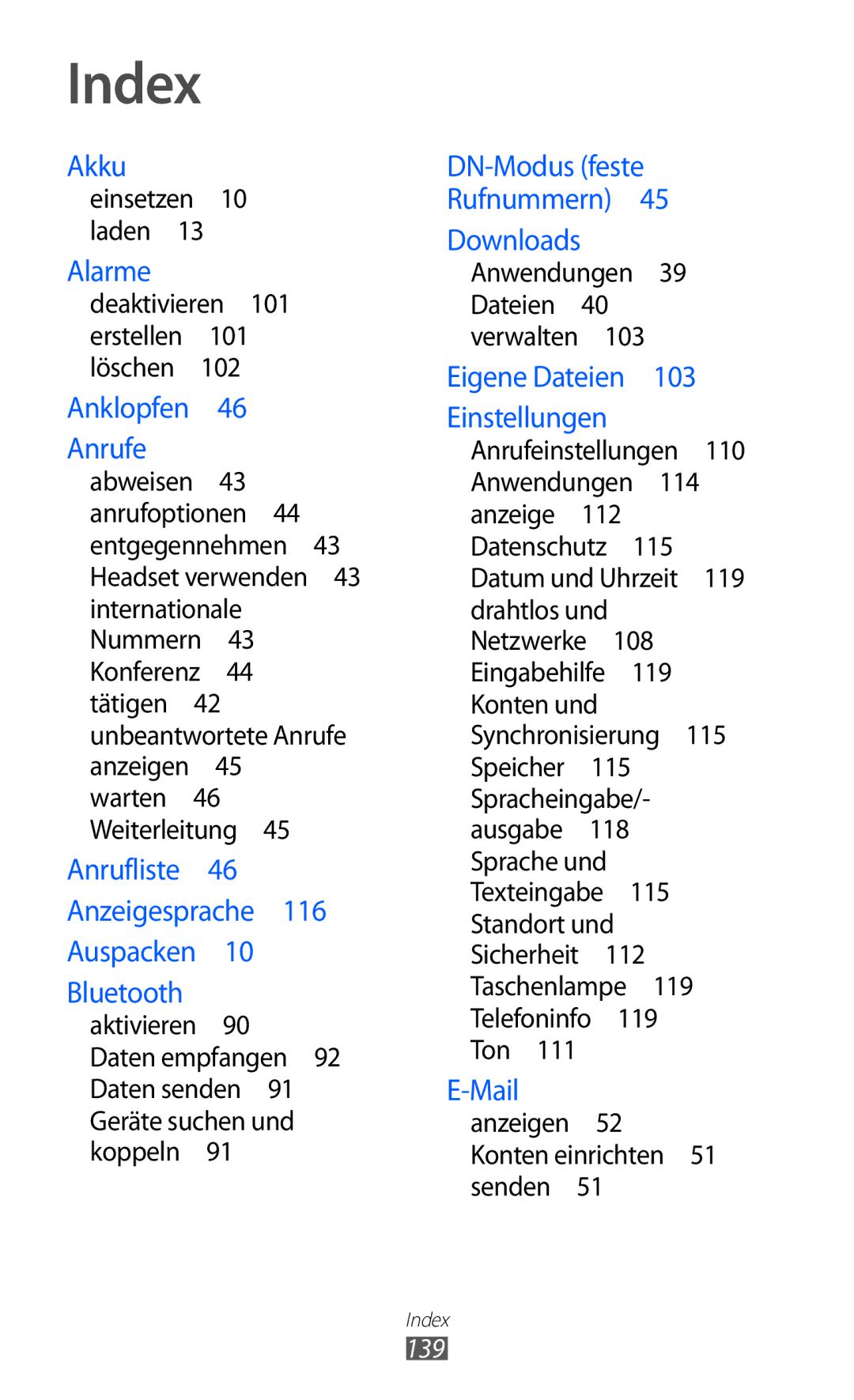 Samsung GT-S5690TAADBT manual Index, Aktivieren Daten empfangen Daten senden , Anwendungen 39 Dateien 40 verwalten , 139 