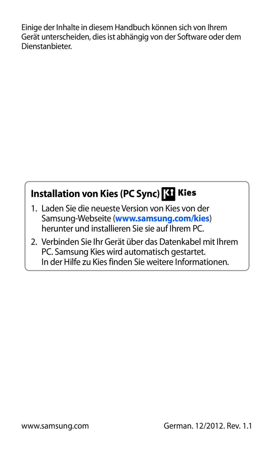 Samsung GT-S5690KOAEPL, GT-S5690TAAVIA, GT-S5690KOADBT, GT-S5690TAADTM, GT-S5690TAADBT manual Installation von Kies PC Sync 