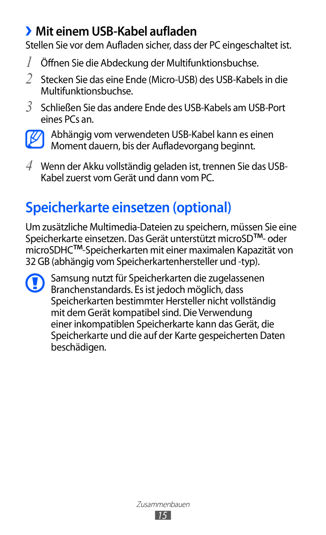 Samsung GT-S5690KOAEPL, GT-S5690TAAVIA, GT-S5690KOADBT Speicherkarte einsetzen optional, ››Mit einem USB-Kabel aufladen 