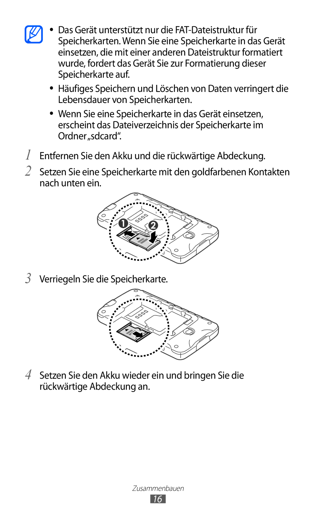 Samsung GT-S5690TAAVIA, GT-S5690KOADBT, GT-S5690TAADTM, GT-S5690TAADBT, GT-S5690KOADTM, GT-S5690TAATMN manual Zusammenbauen 