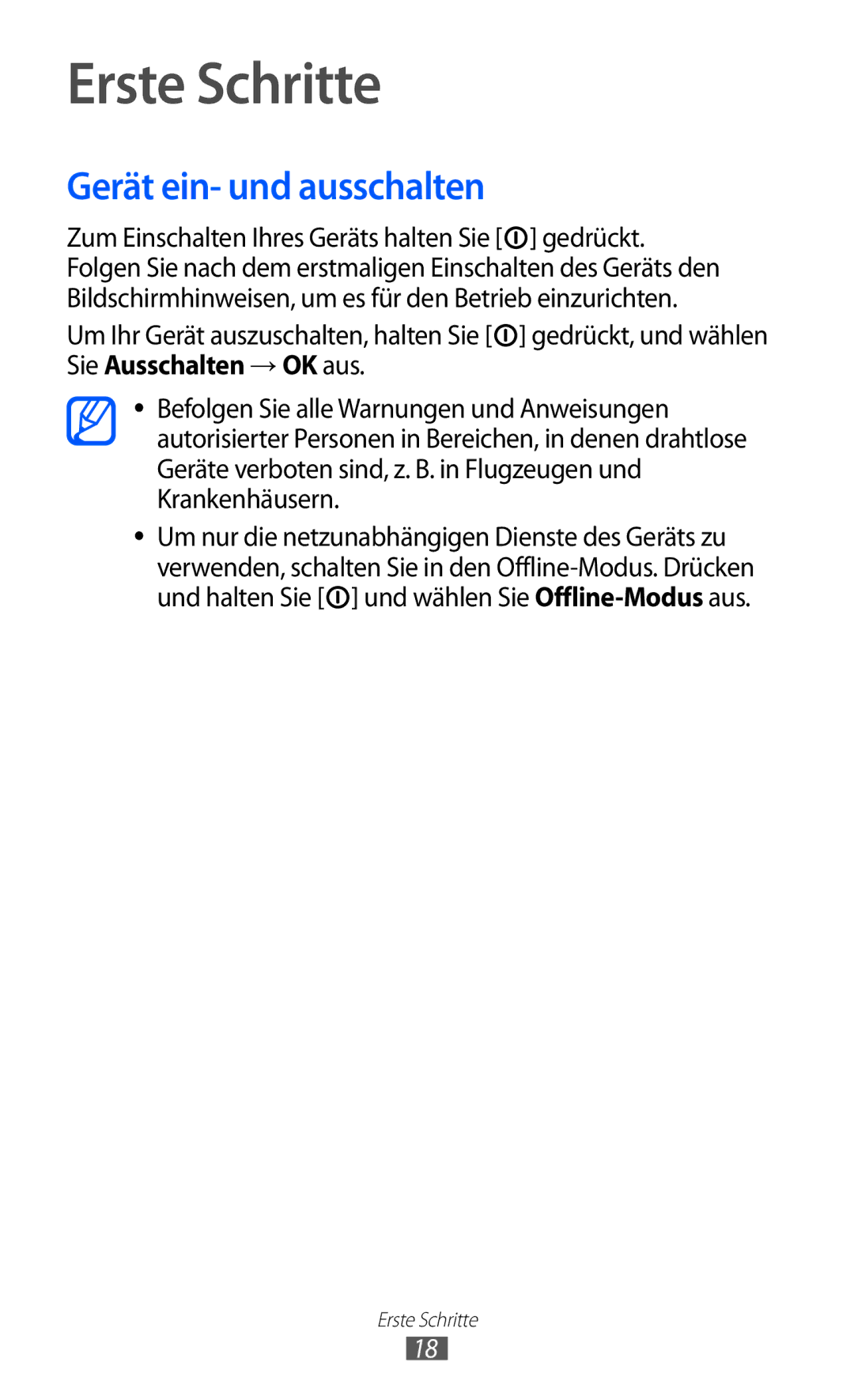 Samsung GT-S5690TAADTM, GT-S5690TAAVIA, GT-S5690KOADBT, GT-S5690TAADBT manual Erste Schritte, Gerät ein- und ausschalten 