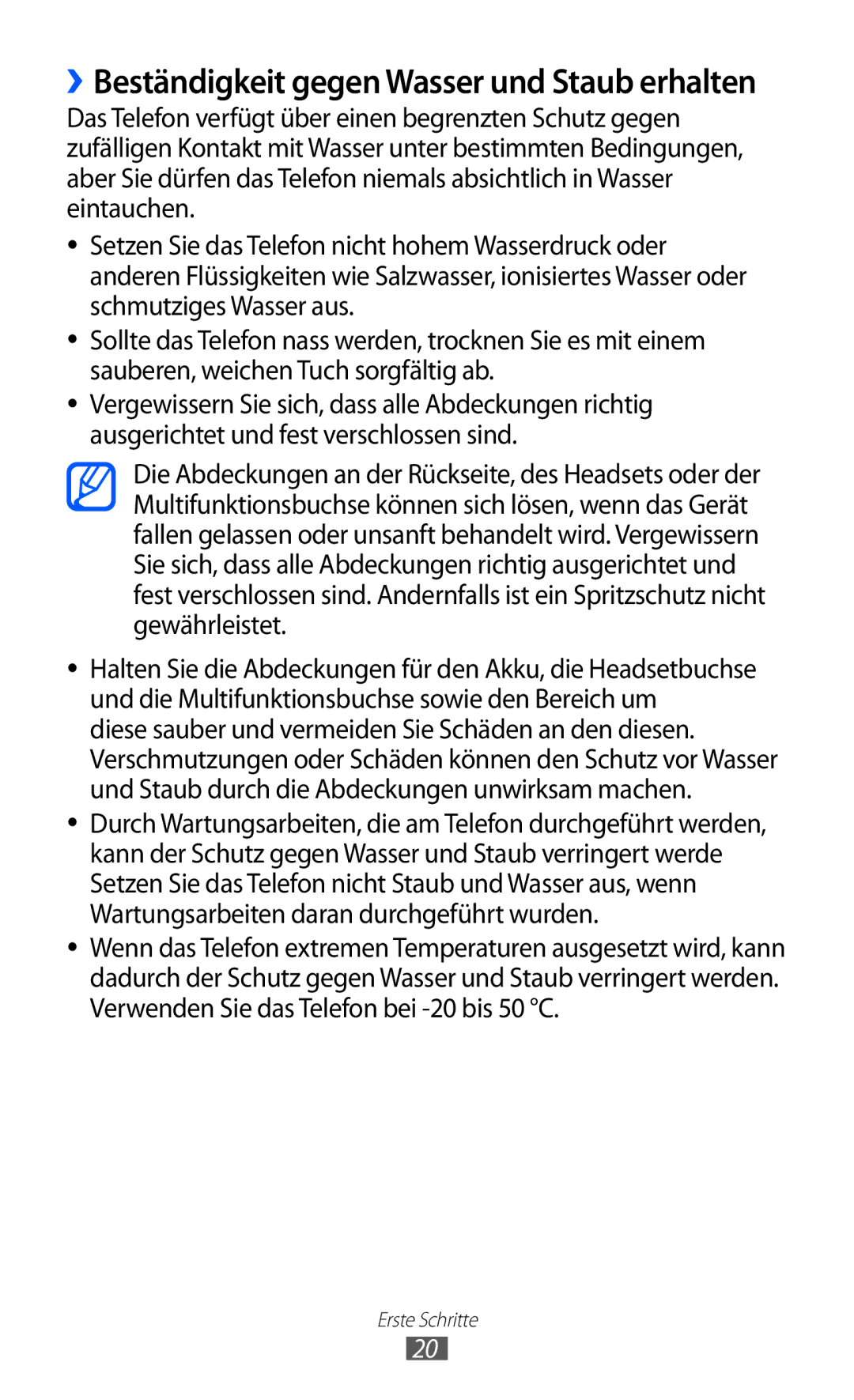 Samsung GT-S5690KOADTM, GT-S5690TAAVIA, GT-S5690KOADBT, GT-S5690TAADTM manual ››Beständigkeit gegen Wasser und Staub erhalten 