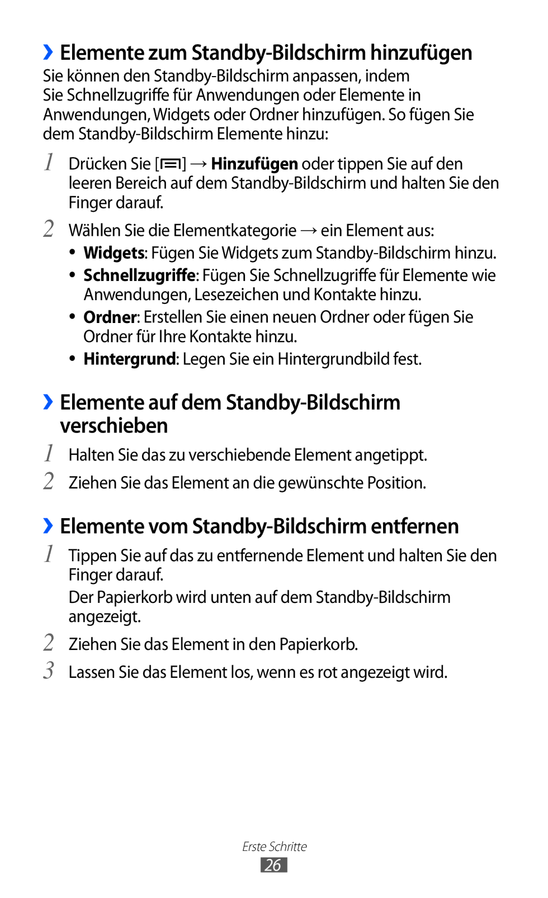 Samsung GT-S5690TAADTM ››Elemente auf dem Standby-Bildschirm verschieben, ››Elemente vom Standby-Bildschirm entfernen 