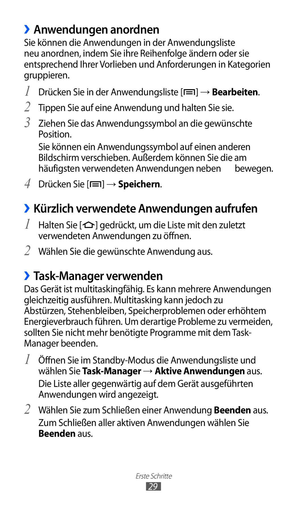 Samsung GT-S5690TAATMN manual ››Anwendungen anordnen, ››Kürzlich verwendete Anwendungen aufrufen, ››Task-Manager verwenden 