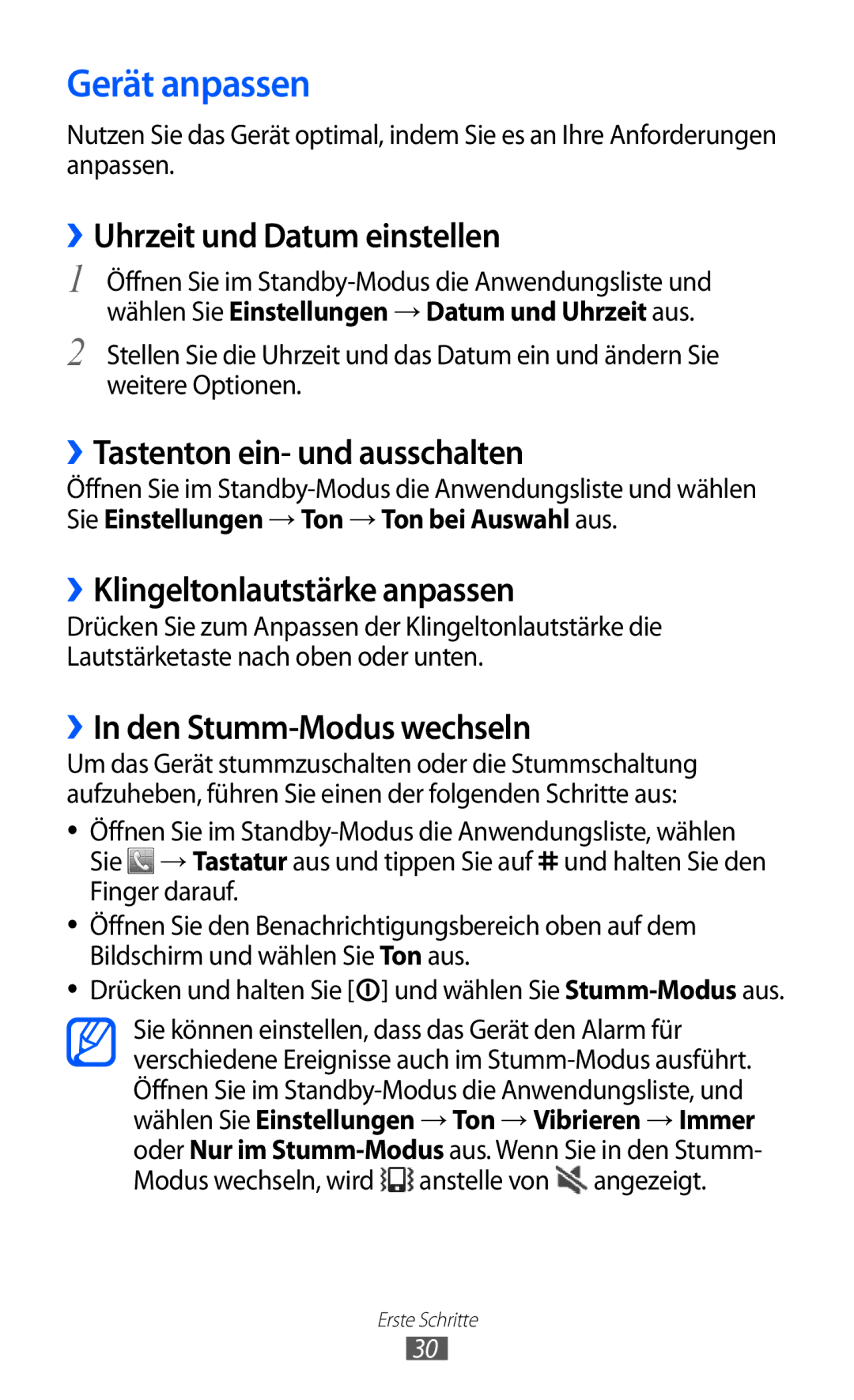 Samsung GT-S5690KOAATO, GT-S5690TAAVIA Gerät anpassen, ››Uhrzeit und Datum einstellen, ››Tastenton ein- und ausschalten 