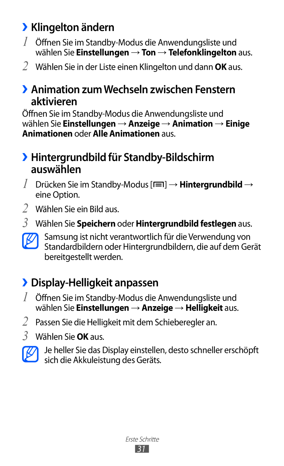 Samsung GT-S5690KOAEPL, GT-S5690TAAVIA manual ››Klingelton ändern, ››Animation zum Wechseln zwischen Fenstern aktivieren 