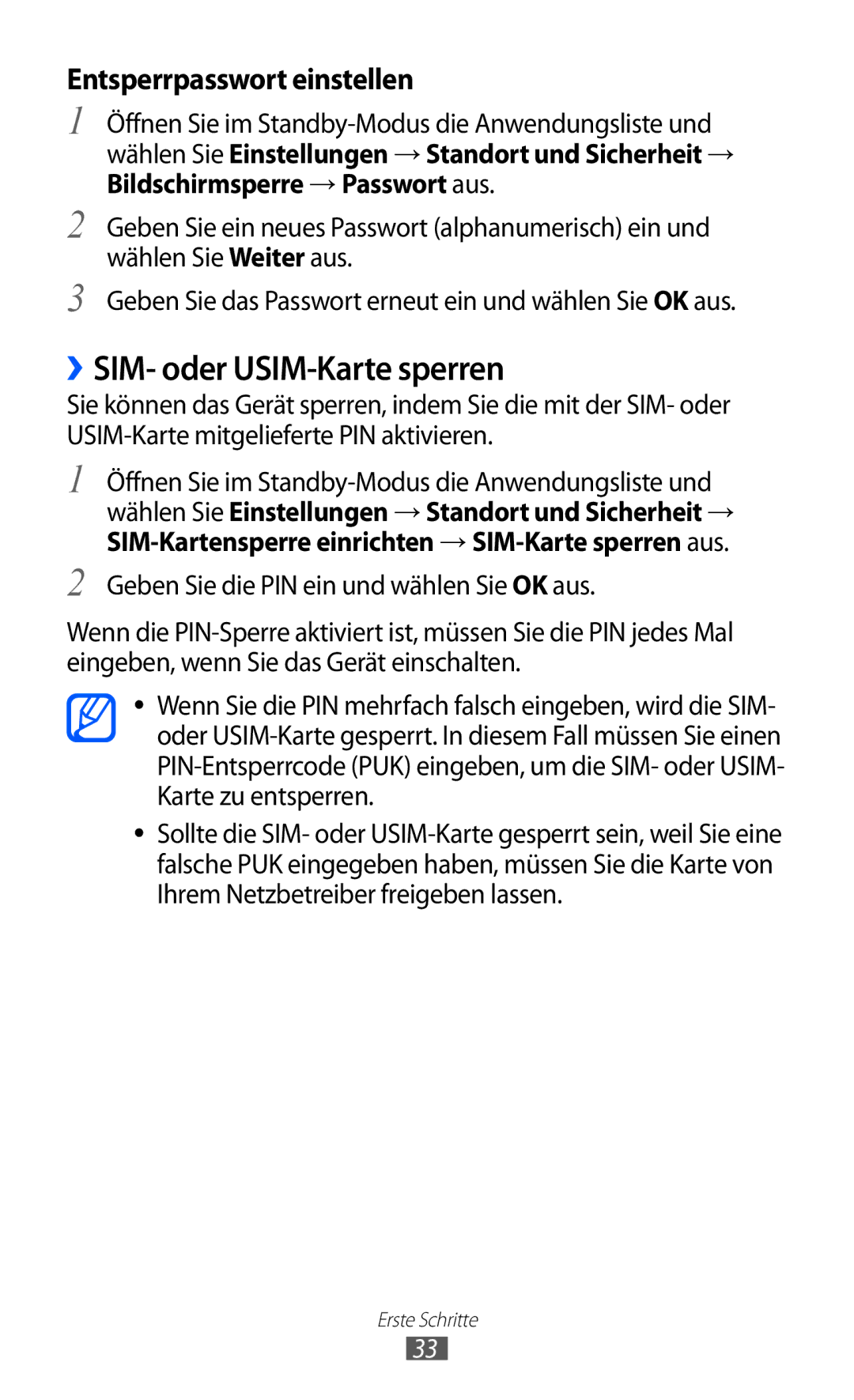 Samsung GT-S5690KOADBT, GT-S5690TAAVIA, GT-S5690TAADTM manual ››SIM- oder USIM-Karte sperren, Entsperrpasswort einstellen 