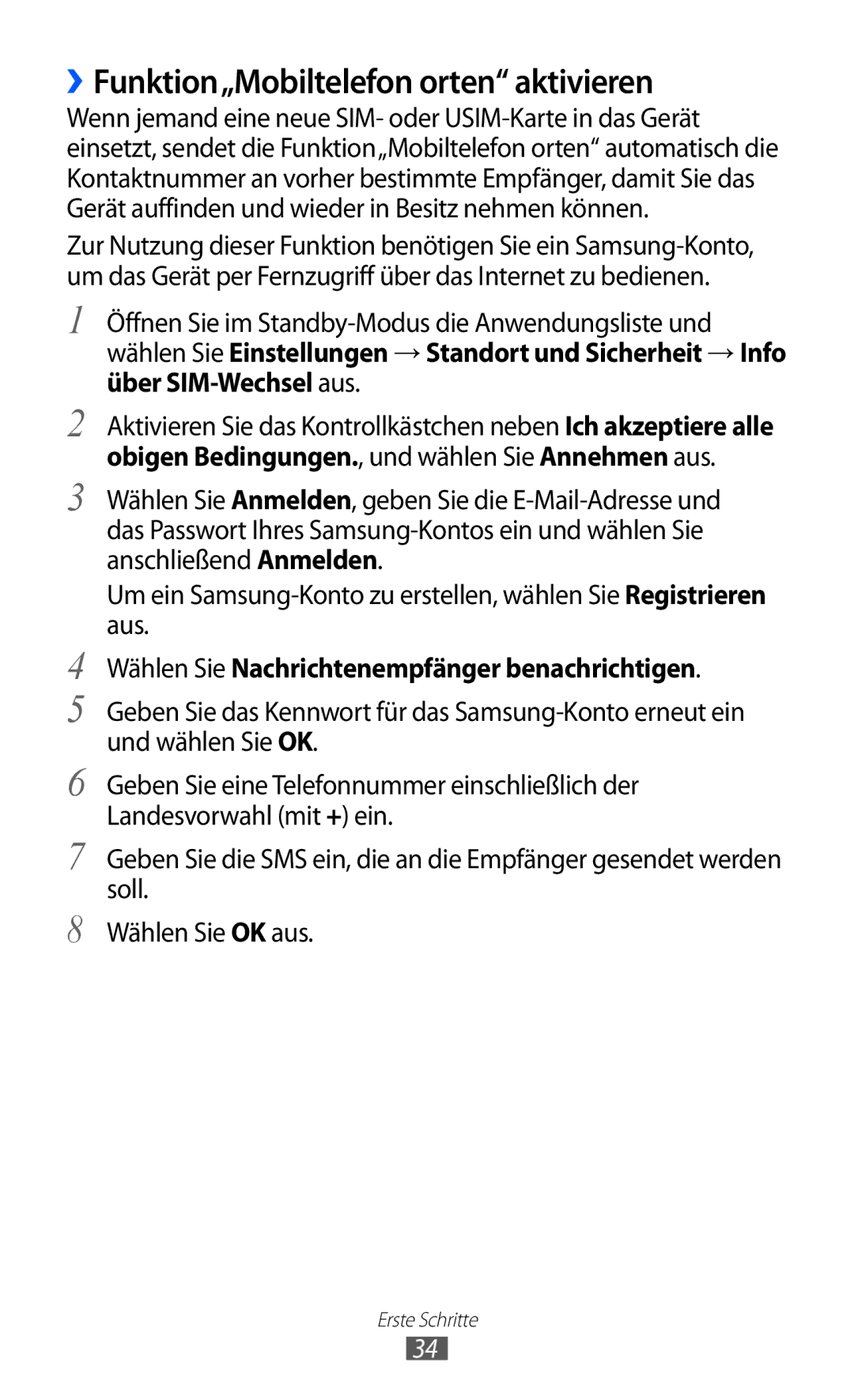 Samsung GT-S5690TAADTM manual ››Funktion„Mobiltelefon orten aktivieren, Obigen Bedingungen., und wählen Sie Annehmen aus 