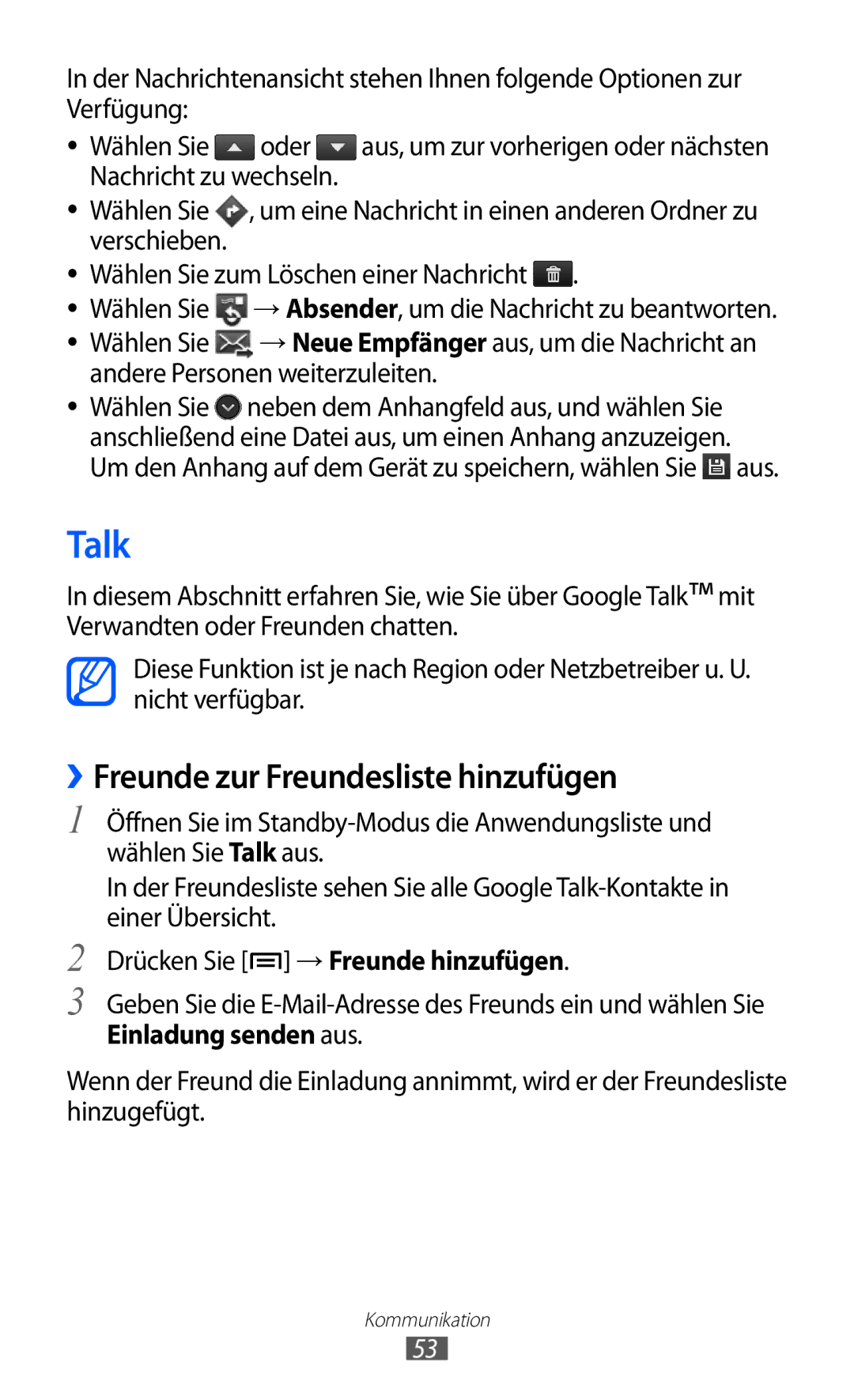 Samsung GT-S5690TAATMN, GT-S5690TAAVIA manual Talk, ››Freunde zur Freundesliste hinzufügen, Drücken Sie → Freunde hinzufügen 