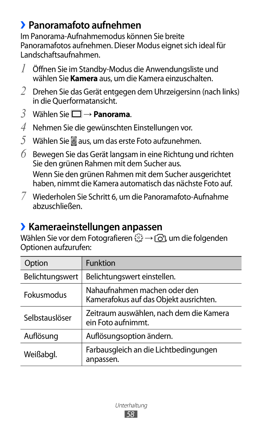 Samsung GT-S5690TAADTM manual ››Panoramafoto aufnehmen, ››Kameraeinstellungen anpassen, Belichtungswert einstellen 