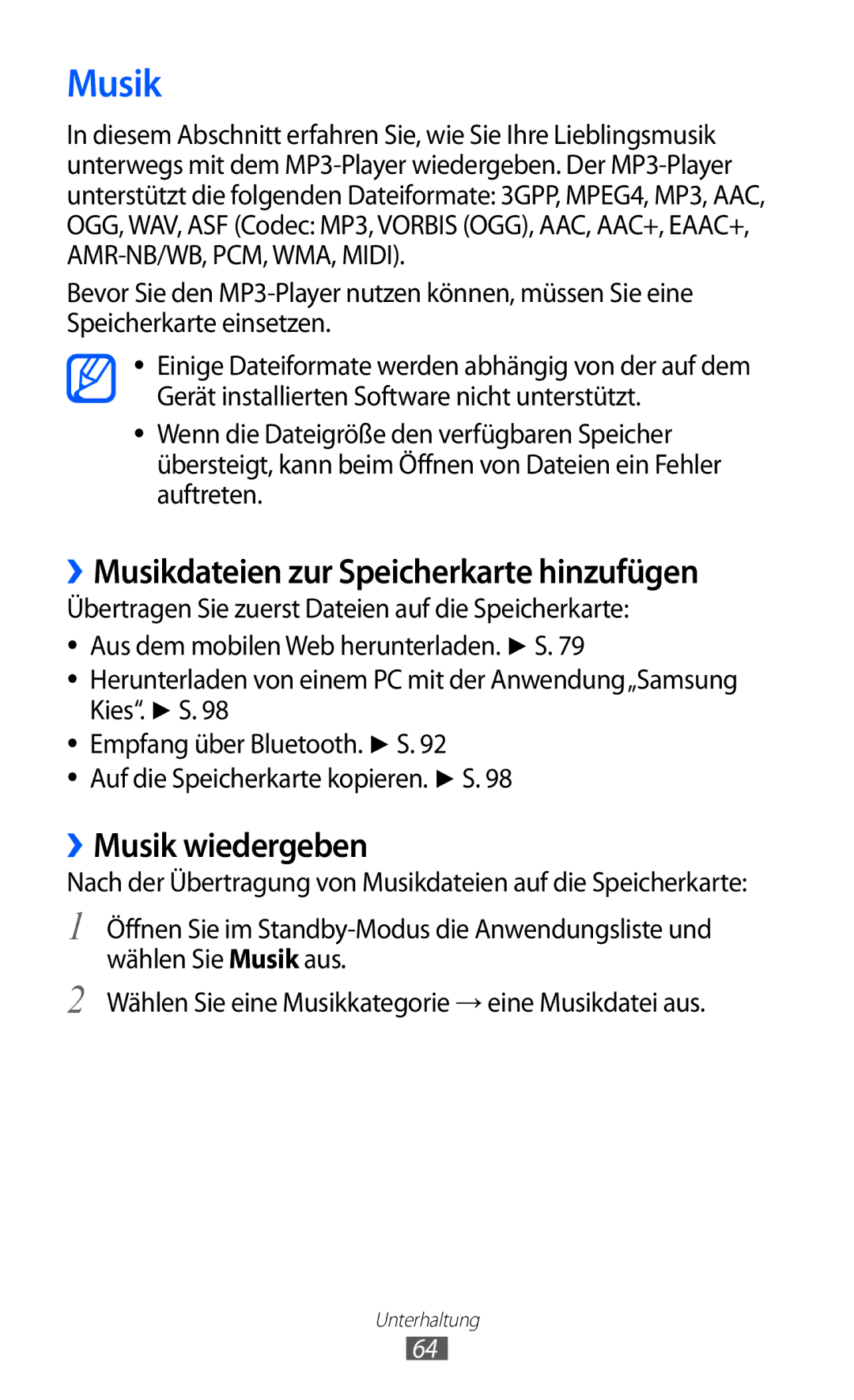 Samsung GT-S5690TAAVIA, GT-S5690KOADBT, GT-S5690TAADTM ››Musikdateien zur Speicherkarte hinzufügen, ››Musik wiedergeben 