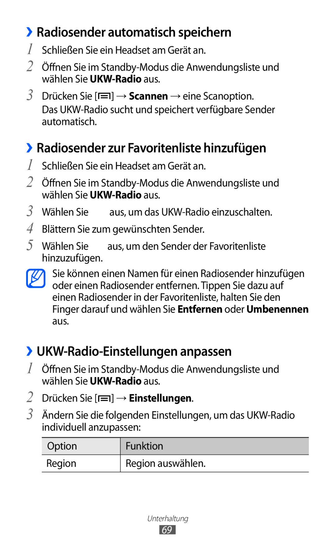 Samsung GT-S5690TAATMN, GT-S5690TAAVIA ››Radiosender automatisch speichern, ››Radiosender zur Favoritenliste hinzufügen 