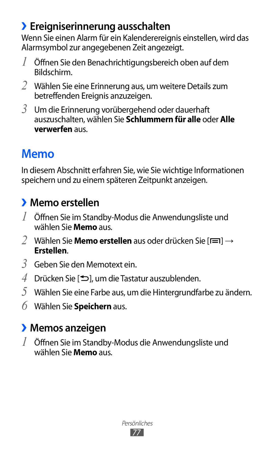 Samsung GT-S5690TAATMN, GT-S5690TAAVIA ››Ereigniserinnerung ausschalten, ››Memo erstellen, ››Memos anzeigen, Erstellen 