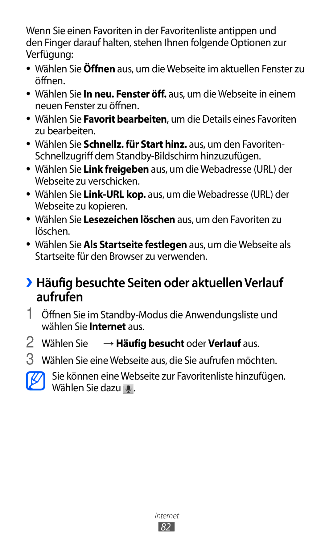 Samsung GT-S5690TAADTM, GT-S5690TAAVIA ››Häufig besuchte Seiten oder aktuellen Verlauf aufrufen, Wählen Sie Internet aus 