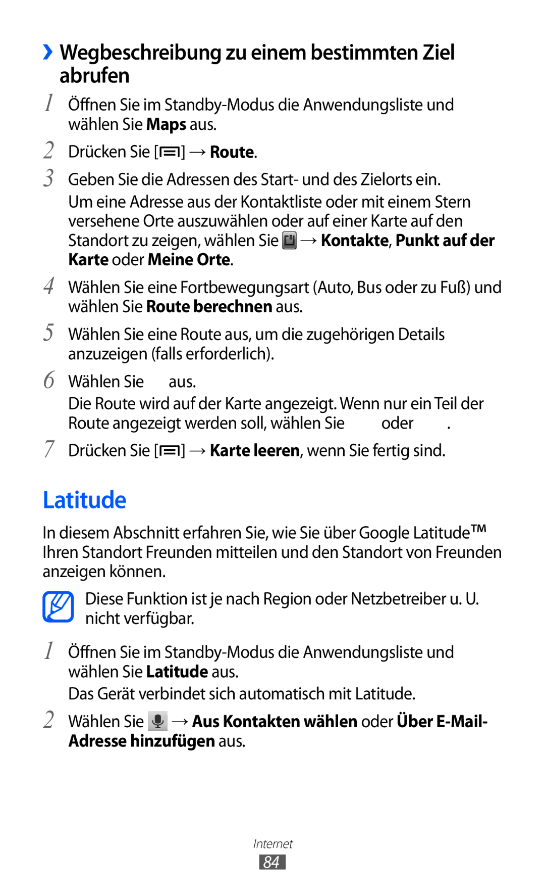 Samsung GT-S5690KOADTM, GT-S5690TAAVIA, GT-S5690KOADBT manual Latitude, ››Wegbeschreibung zu einem bestimmten Ziel abrufen 