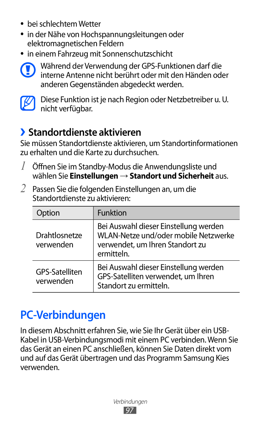 Samsung GT-S5690KOADBT manual PC-Verbindungen, ››Standortdienste aktivieren, GPS-Satelliten verwendet, um Ihren, Verwenden 