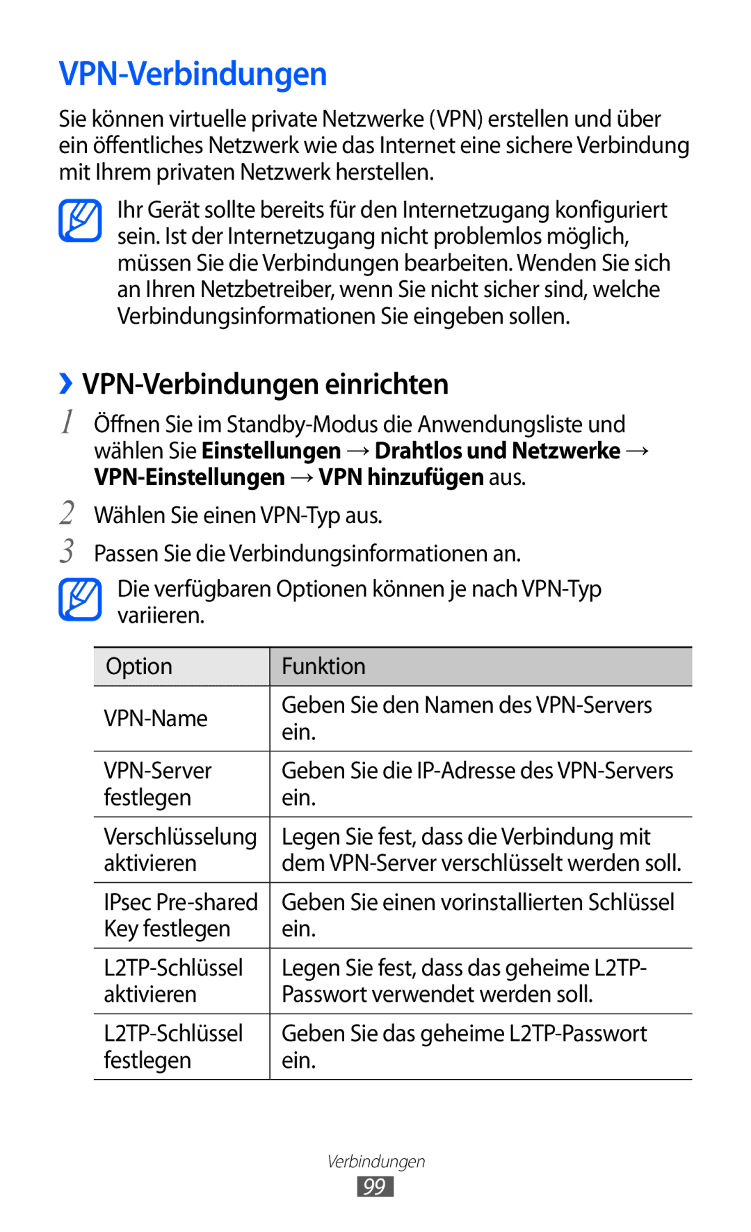 Samsung GT-S5690TAADBT, GT-S5690TAAVIA, GT-S5690KOADBT, GT-S5690TAADTM, GT-S5690KOADTM manual ››VPN-Verbindungen einrichten 