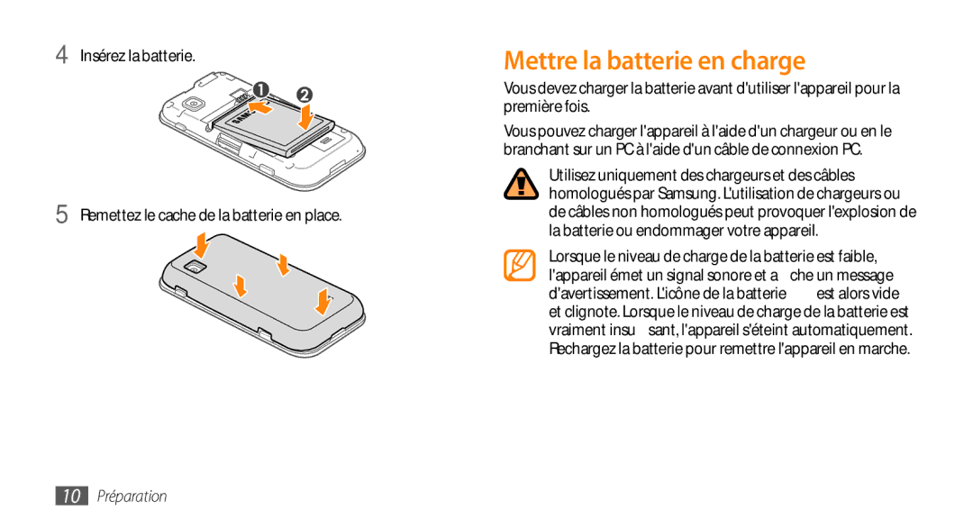 Samsung GT-S5750TIEXEF, GT-S5750HKELPM, GT-S5750PWELPM, GT-S5750HKEFTM manual Mettre la batterie en charge, 10 Préparation 