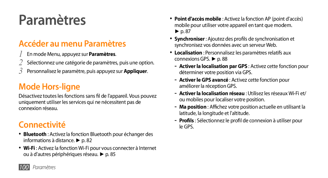 Samsung GT-S5750TIEXEF, GT-S5750HKELPM, GT-S5750PWELPM manual Accéder au menu Paramètres, Mode Hors-ligne, Connectivité 