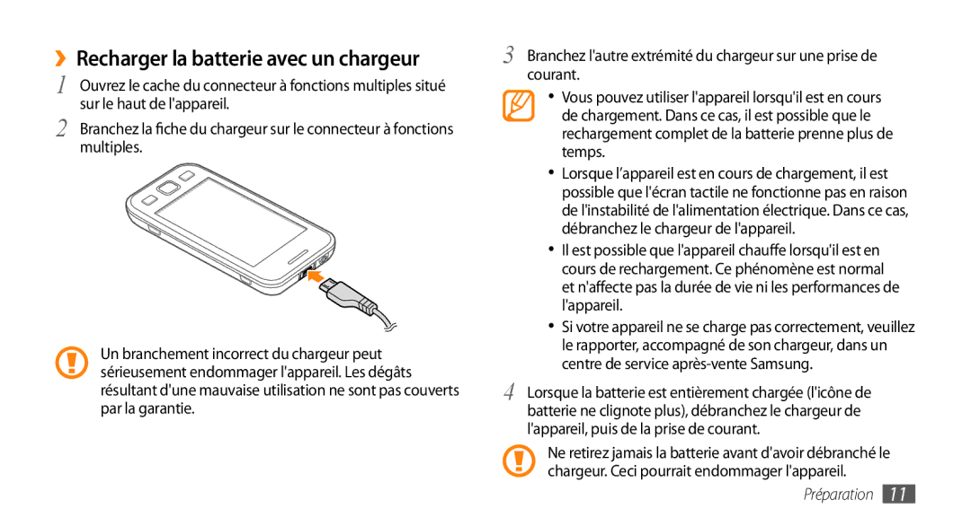 Samsung GT-S5750PWEXEF, GT-S5750HKELPM, GT-S5750PWELPM, GT-S5750HKEFTM manual ››Recharger la batterie avec un chargeur 