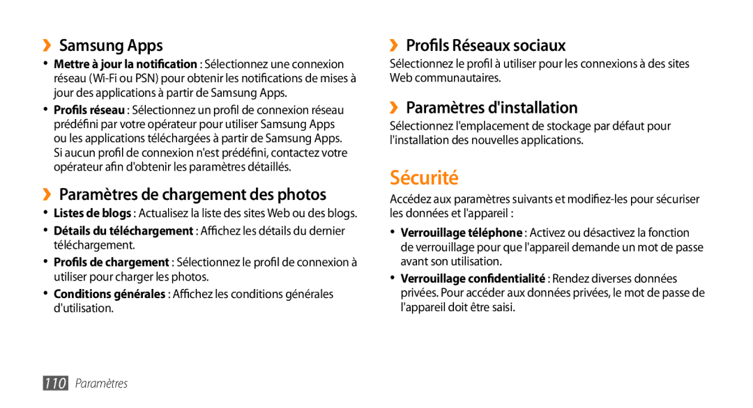 Samsung GT-S5750HKEFTM manual Sécurité, ››Samsung Apps, ››Paramètres de chargement des photos, ››Profils Réseaux sociaux 