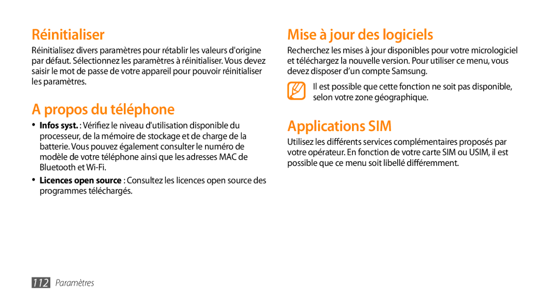 Samsung GT-S5750PWENRJ, GT-S5750HKELPM Réinitialiser, Propos du téléphone, Mise à jour des logiciels, Applications SIM 