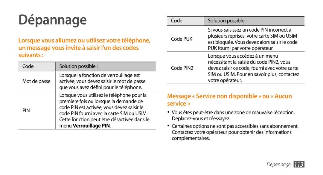 Samsung GT-S5750HKYSFR, GT-S5750HKELPM, GT-S5750PWELPM, GT-S5750HKEFTM, GT-S5750PWEFTM manual Dépannage, Menu Verrouillage PIN 