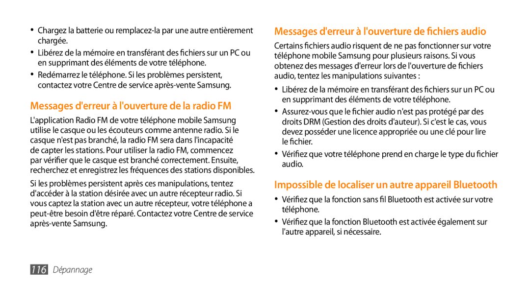 Samsung GT-S5750HKEBOG, GT-S5750HKELPM, GT-S5750PWELPM manual Messages derreur à louverture de la radio FM, 116 Dépannage 