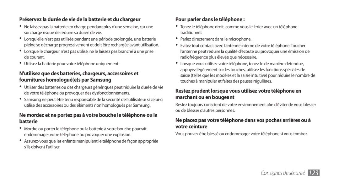 Samsung GT-S5750BDEXEF manual Pour parler dans le téléphone, Préservez la durée de vie de la batterie et du chargeur 