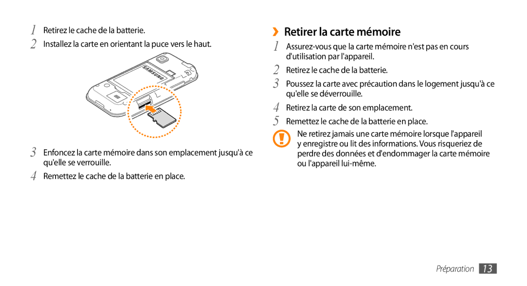 Samsung GT-S5750HKEVGF manual ››Retirer la carte mémoire, Quelle se déverrouille, Retirez la carte de son emplacement 