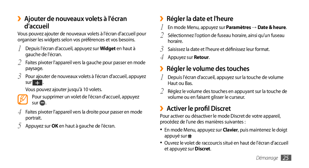 Samsung GT-S5750HKEXEF, GT-S5750HKELPM manual ››Ajouter de nouveaux volets à lécran daccueil, ››Régler la date et lheure 