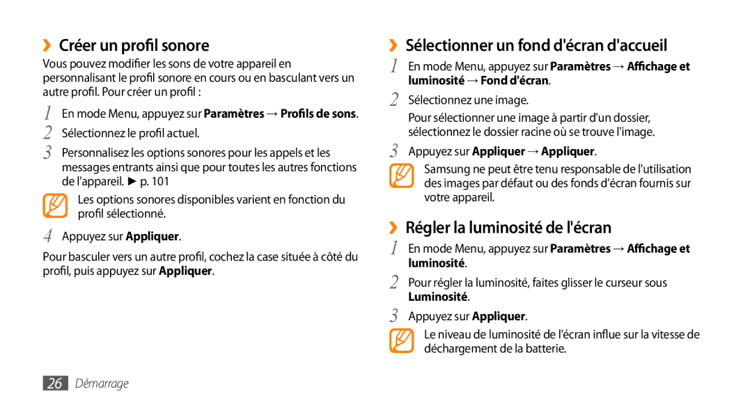 Samsung GT-S5750HKEBOG ››Créer un profil sonore, ››Sélectionner un fond décran daccueil, ››Régler la luminosité de lécran 