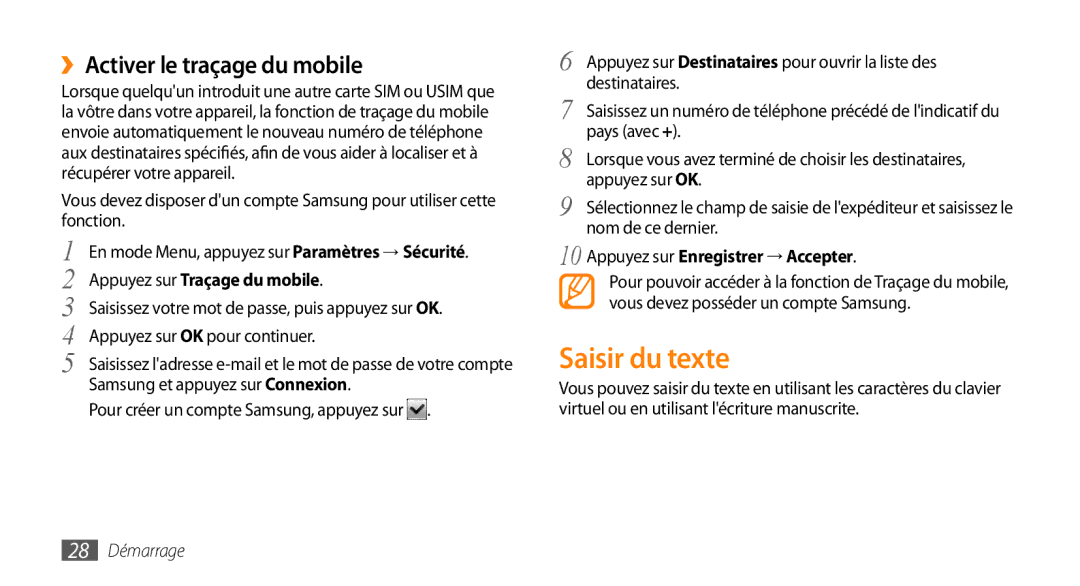 Samsung GT-S5750TIEXEF manual Saisir du texte, ››Activer le traçage du mobile, Appuyez sur Traçage du mobile, 28 Démarrage 