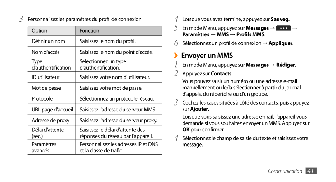 Samsung GT-S5750HKYSFR, GT-S5750HKELPM, GT-S5750PWELPM, GT-S5750HKEFTM manual ››Envoyer un MMS, Paramètres → MMS → Profils MMS 