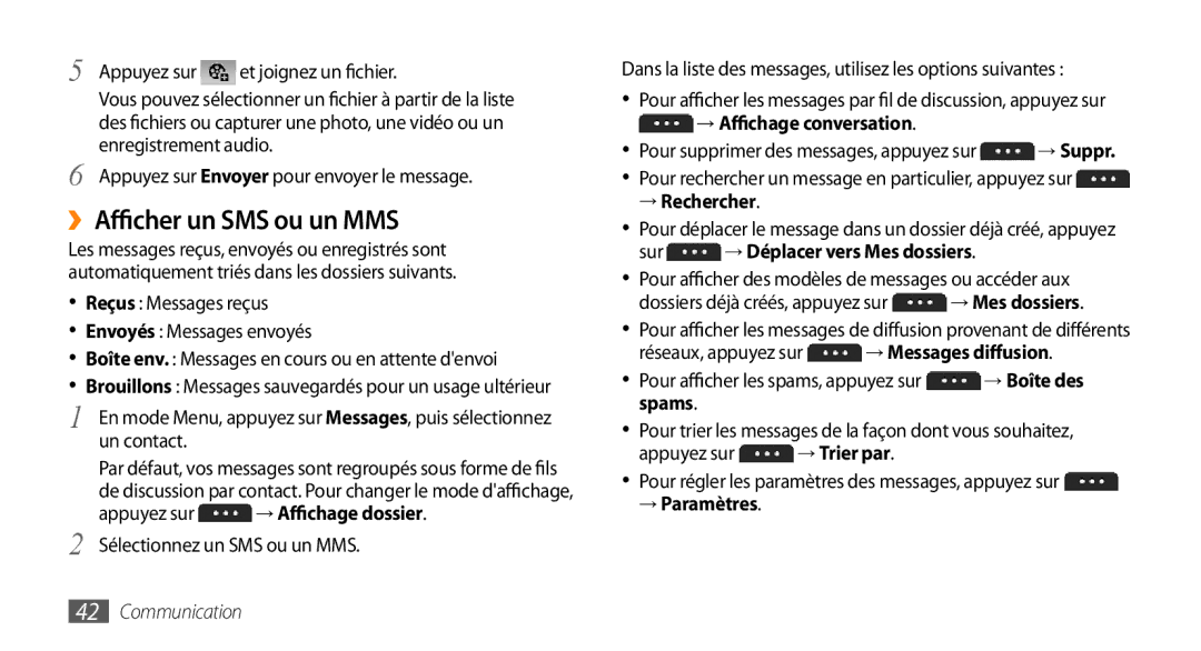 Samsung GT-S5750TIEFTM manual ››Afficher un SMS ou un MMS, Appuyez sur → Affichage dossier, → Affichage conversation 