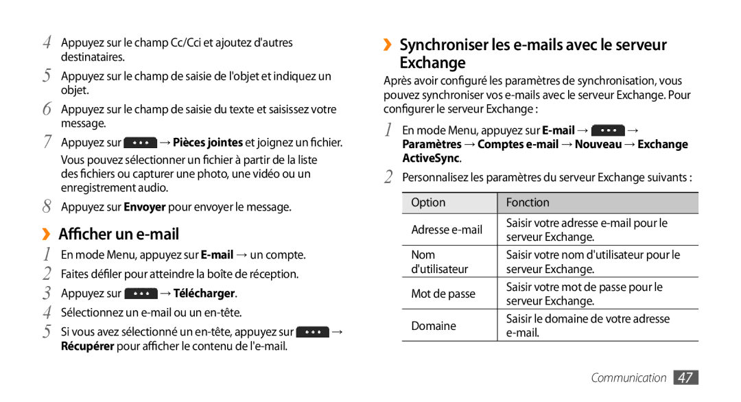 Samsung GT-S5750PWEXEF manual ››Afficher un e-mail, ››Synchroniser les e-mails avec le serveur Exchange, → Télécharger 