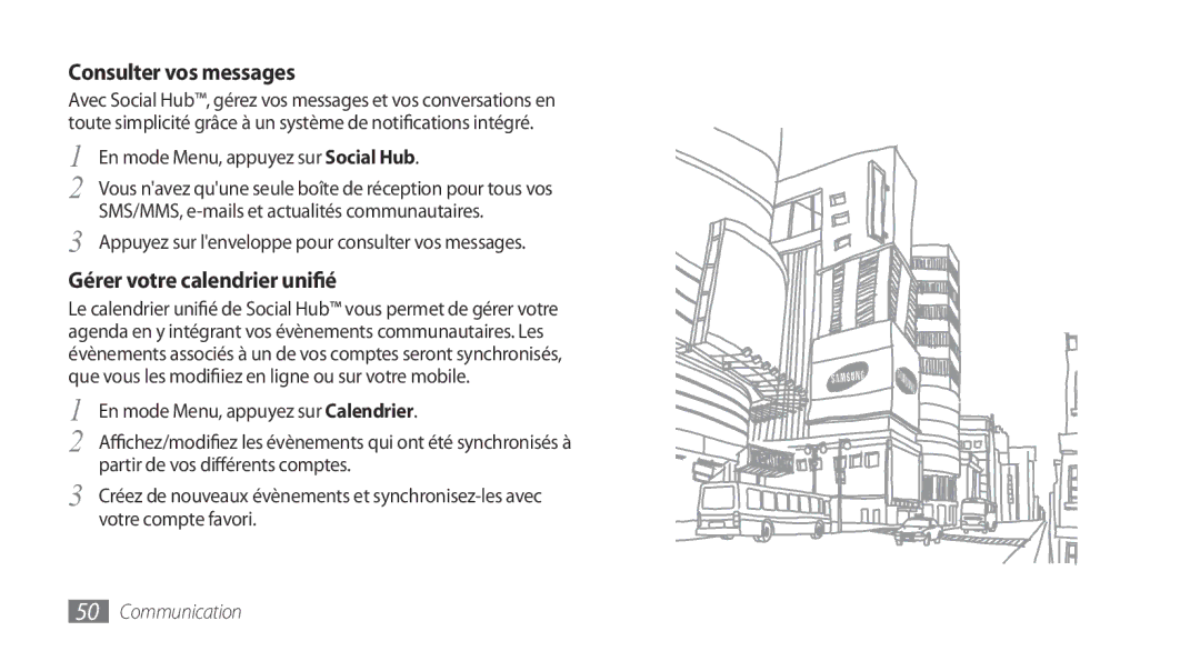 Samsung GT-S5750HKESFR manual Consulter vos messages, Gérer votre calendrier unifié, En mode Menu, appuyez sur Social Hub 