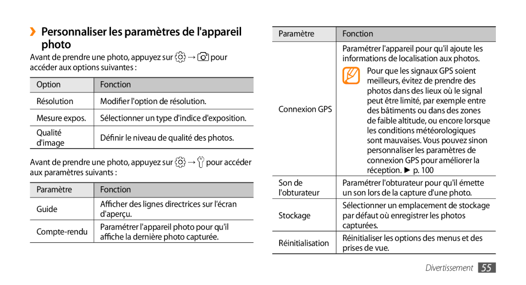 Samsung GT-S5750PWELPM, GT-S5750HKELPM, GT-S5750HKEFTM, GT-S5750PWEFTM ››Personnaliser les paramètres de lappareil photo 