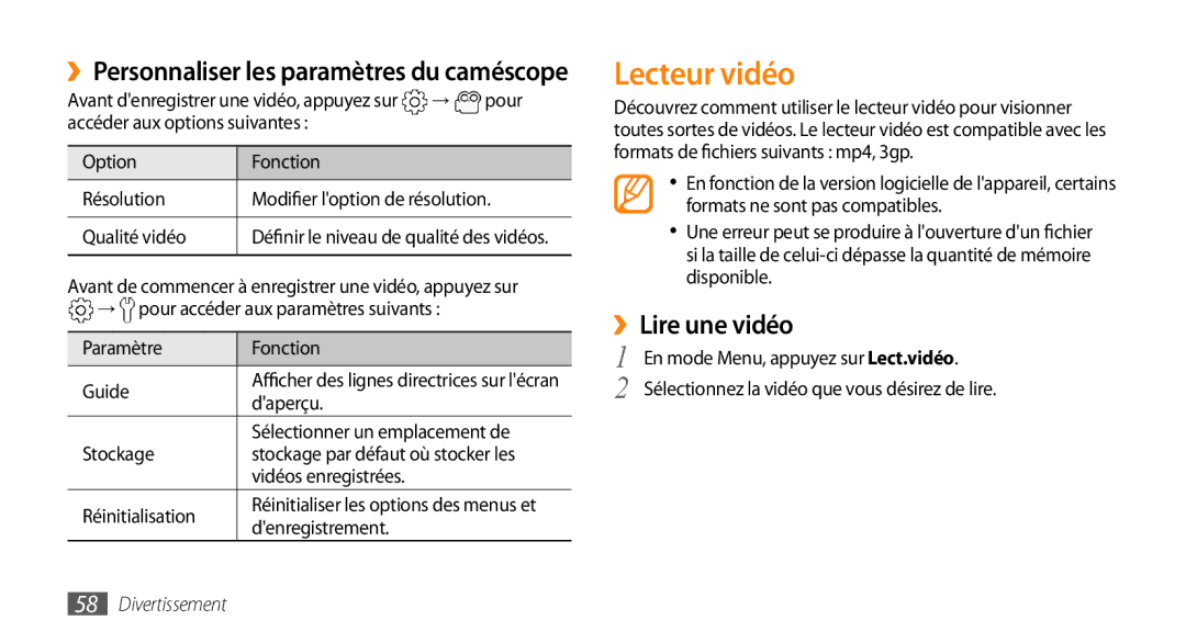 Samsung GT-S5750PWENRJ, GT-S5750HKELPM manual Lecteur vidéo, ››Lire une vidéo, ››Personnaliser les paramètres du caméscope 