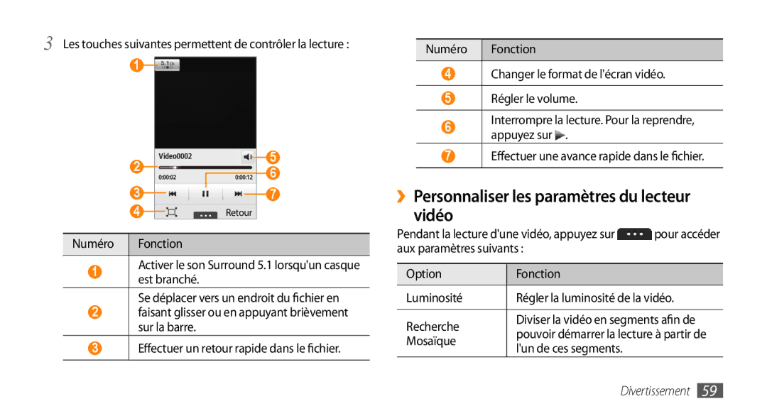 Samsung GT-S5750HKYSFR, GT-S5750HKELPM manual ››Personnaliser les paramètres du lecteur vidéo, Mosaïque, Lun de ces segments 