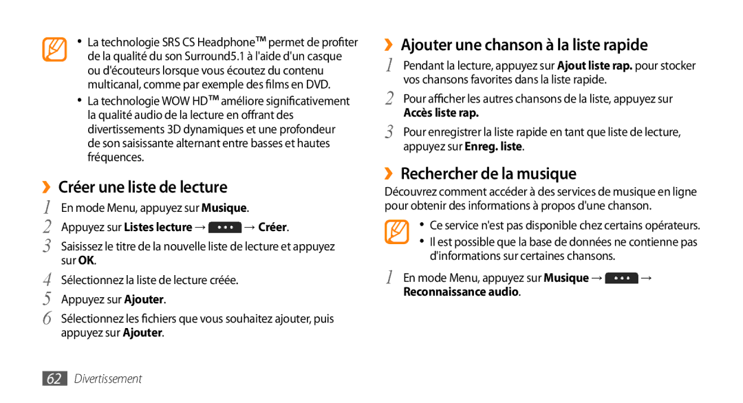 Samsung GT-S5750HKEBOG ››Créer une liste de lecture, ››Ajouter une chanson à la liste rapide, ››Rechercher de la musique 