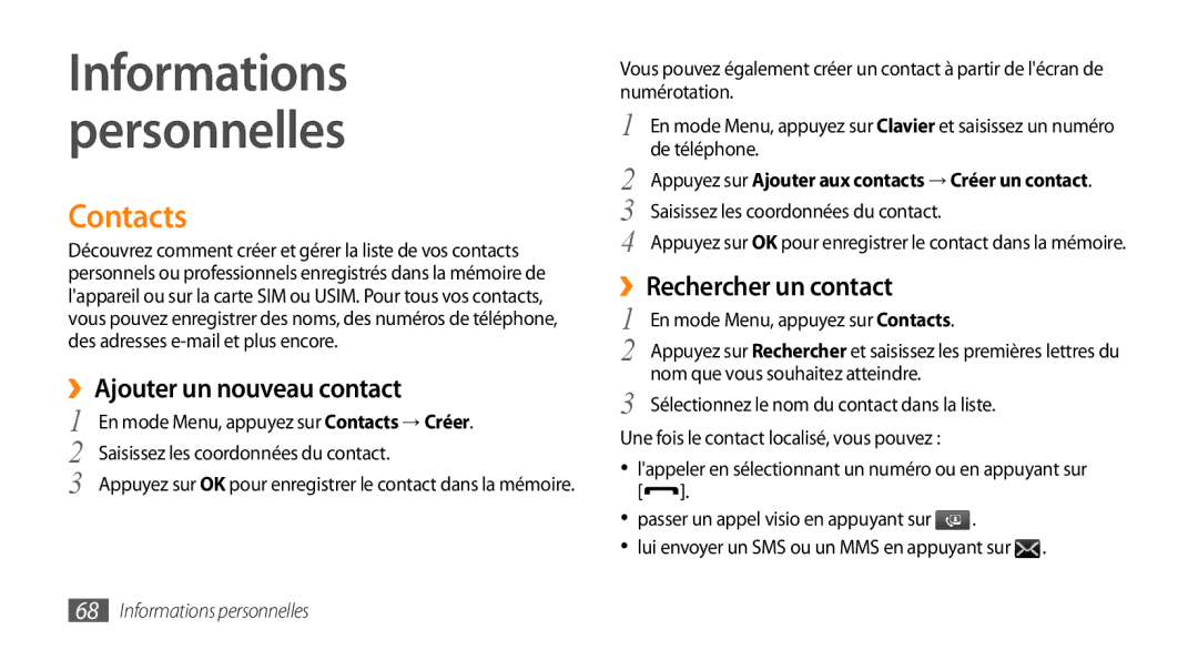 Samsung GT-S5750HKESFR manual Contacts, ››Ajouter un nouveau contact, ››Rechercher un contact, Informations personnelles 