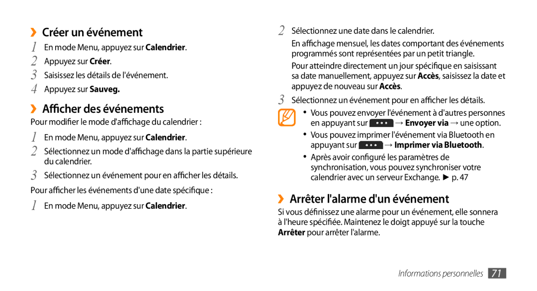 Samsung GT-S5750HKENRJ, GT-S5750HKELPM ››Créer un événement, ››Afficher des événements, ››Arrêter lalarme dun événement 