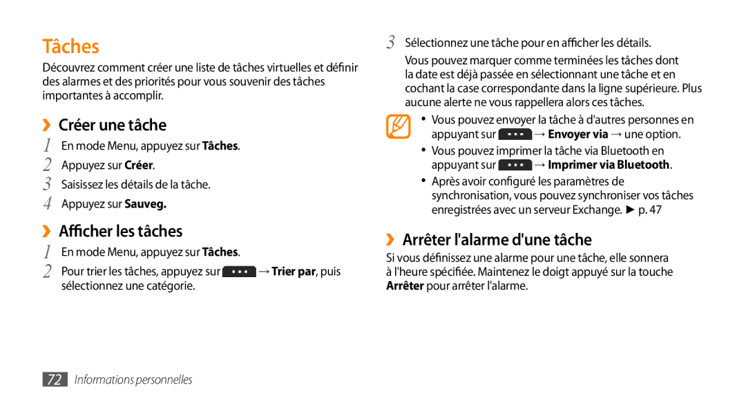 Samsung GT-S5750HKELPM, GT-S5750PWELPM manual Tâches, ››Créer une tâche, ››Afficher les tâches, ››Arrêter lalarme dune tâche 