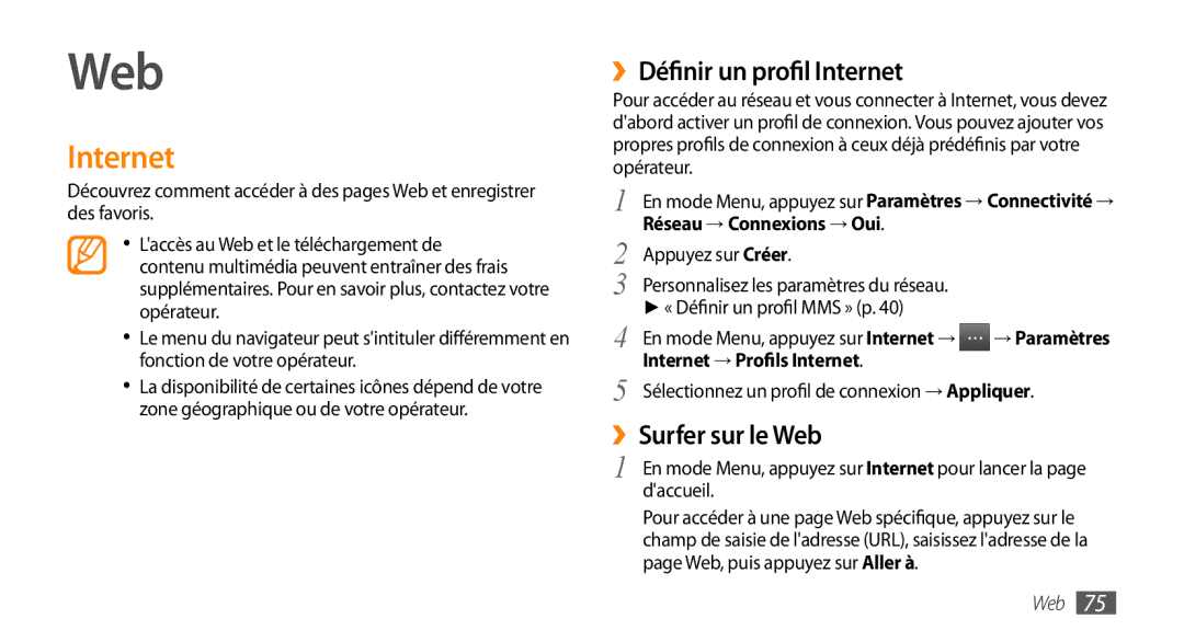 Samsung GT-S5750PWEFTM manual ››Définir un profil Internet, ››Surfer sur le Web, Internet → Profils Internet 