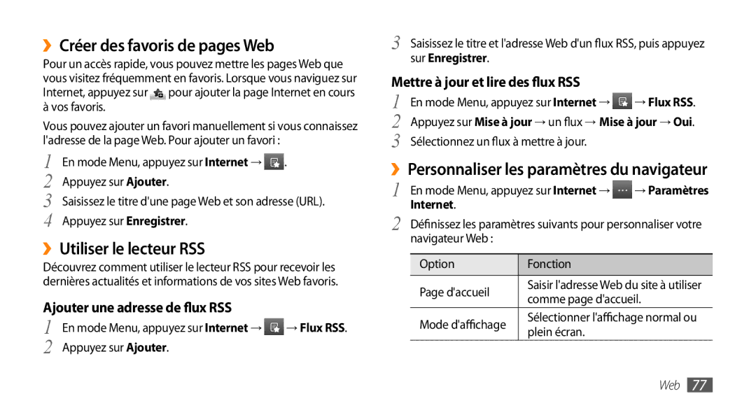 Samsung GT-S5750HKYSFR manual ››Créer des favoris de pages Web, ››Utiliser le lecteur RSS, Ajouter une adresse de flux RSS 