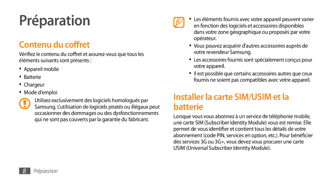 Samsung GT-S5750HKEBOG, GT-S5750HKELPM manual Préparation, Contenu du coffret, Installer la carte SIM/USIM et la batterie 