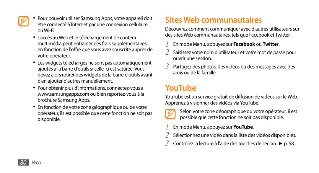 Samsung GT-S5750HKEBOG, GT-S5750HKELPM manual Sites Web communautaires, En mode Menu, appuyez sur YouTube, 80 Web 